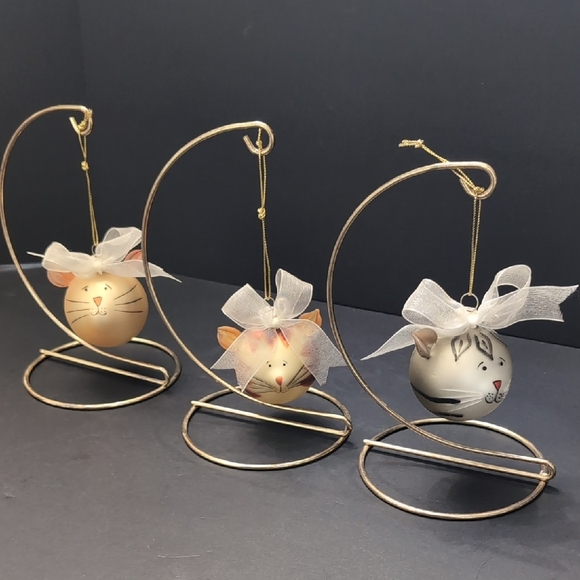 Vintage Set Of 3 Glass Ornaments Mid-century Modern Cat Faces. - Picture 1 of 8